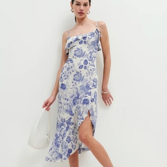 Reformation Liana Asymmetric Ruffled Floral-print Dress - Picture 1 of 16